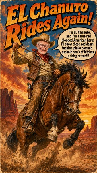 El Chanuto Rides Again — riding a horse through the desert at sunset
